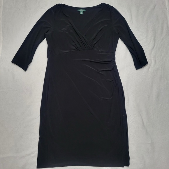 LAUREN Ralph Lauren Black Ruched Jersey Sheath Dress Size 16W VNeck  3/4 Sleeve - Picture 2 of 8